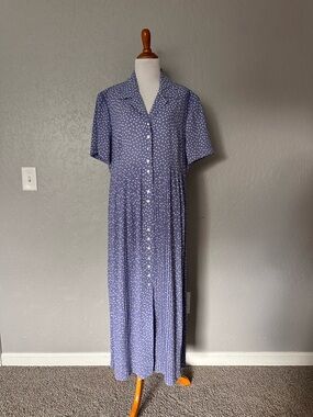 Liz Claiborne Blue Polka Dot Button-Front Maxi Dress size 16 A6
